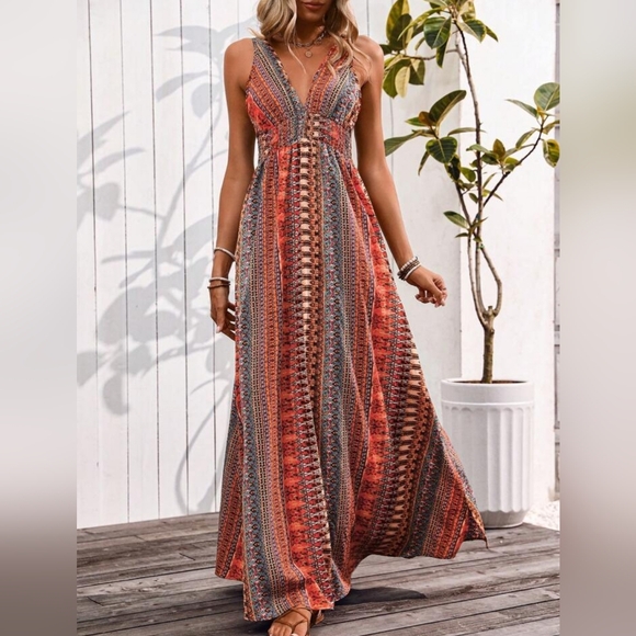New Boho Tribal Print Tie Back Maxi Dress Red Orange Black - Picture 3 of 8